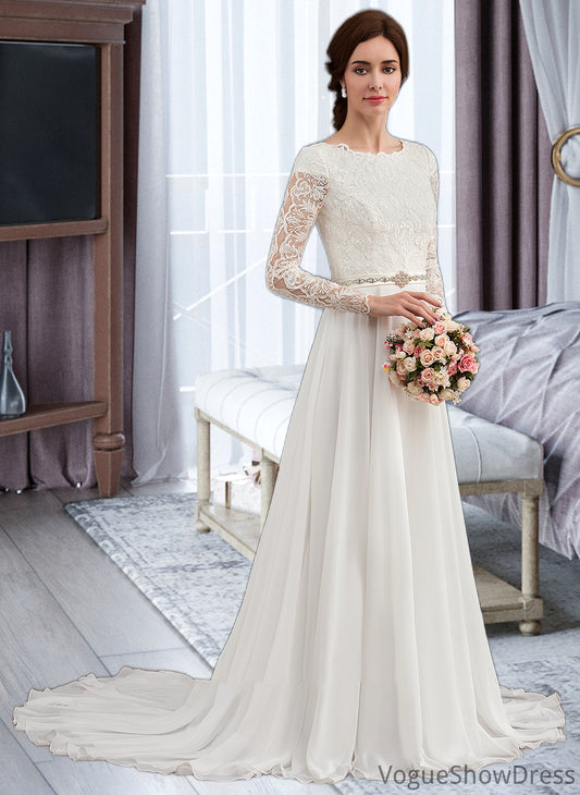 Madyson A-Line Scoop Neck Court Train Chiffon Wedding Dress With Beading DLP0013800