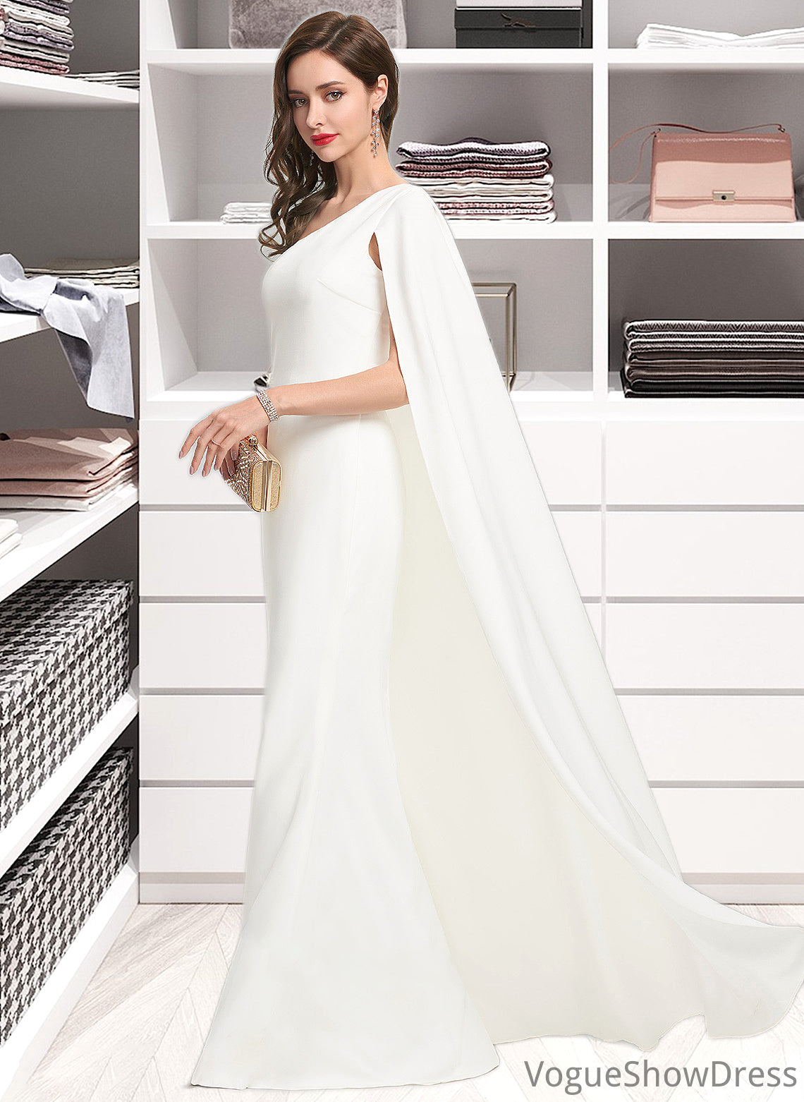 Tianna Sheath/Column One-Shoulder Floor-Length Stretch Crepe Wedding Dress DLP0013801