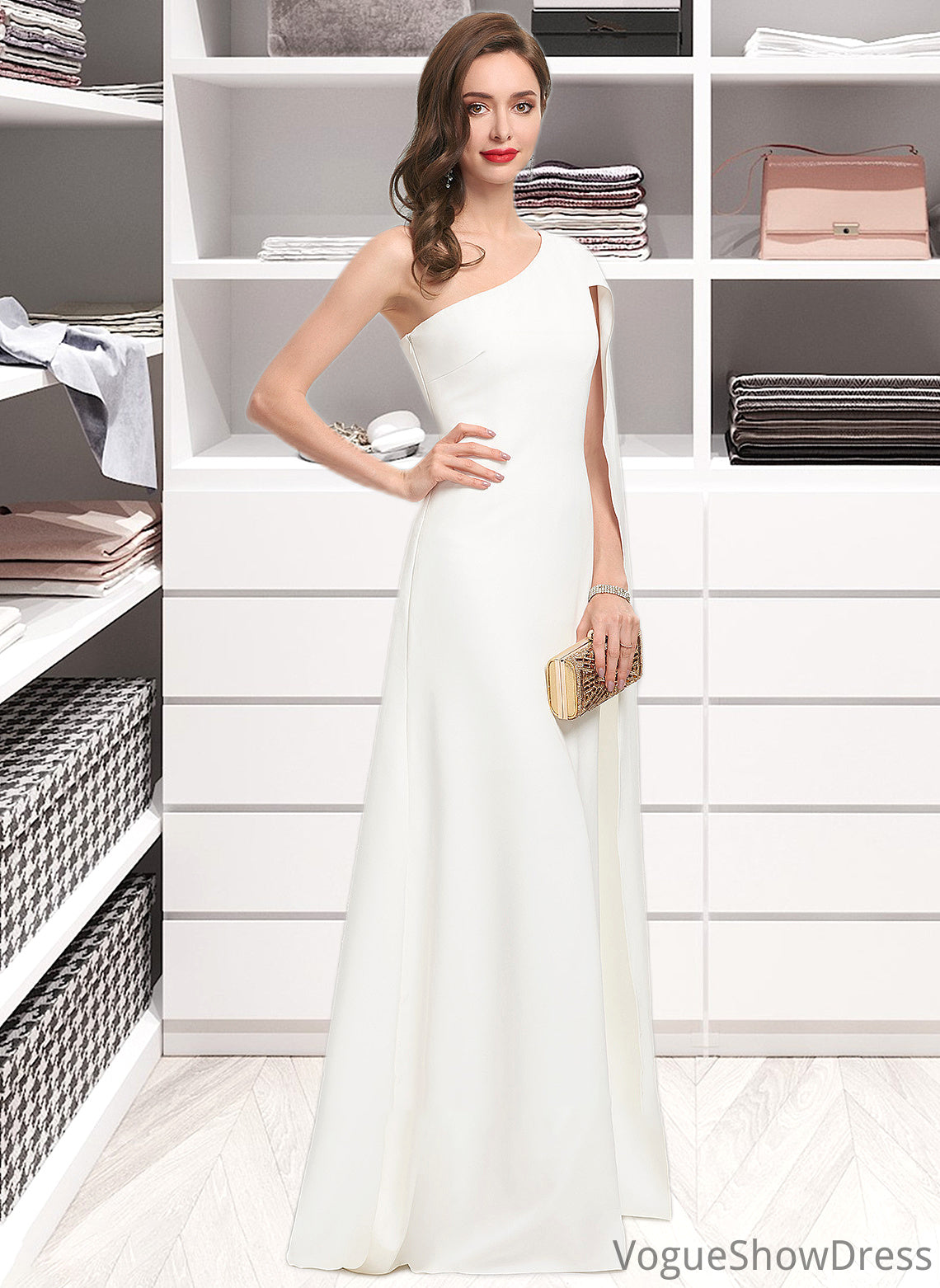 Tianna Sheath/Column One-Shoulder Floor-Length Stretch Crepe Wedding Dress DLP0013801