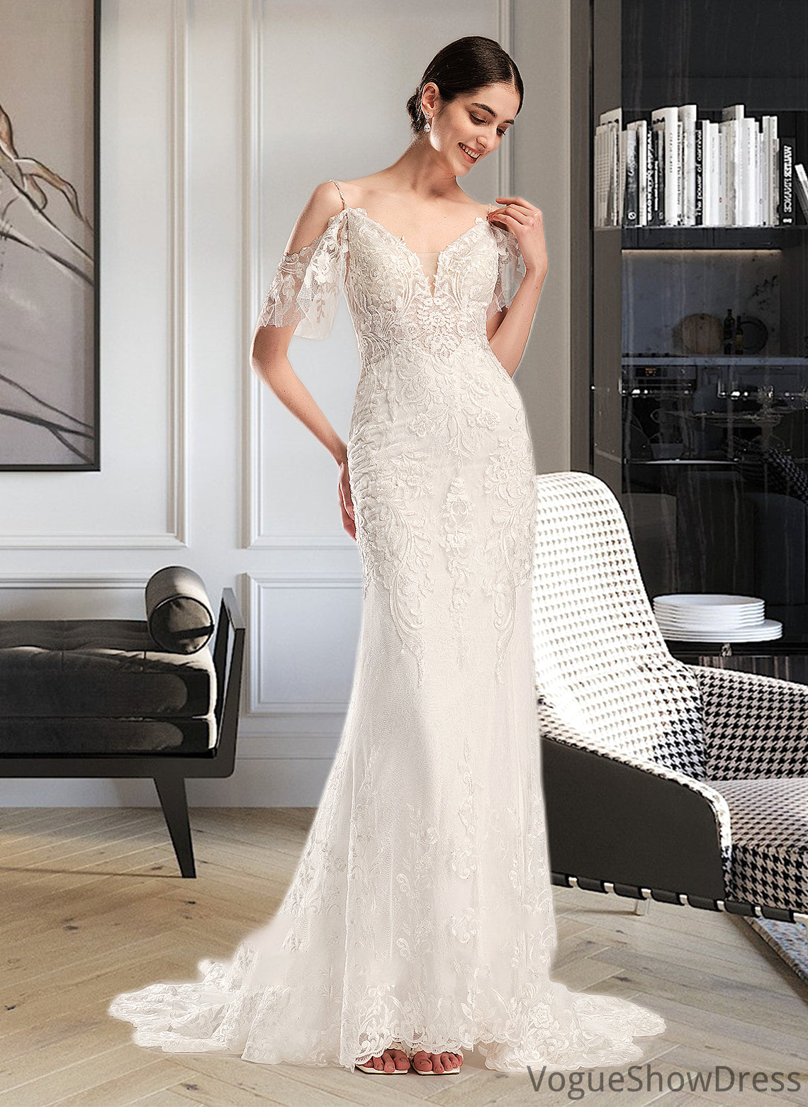 Reina Trumpet/Mermaid V-neck Chapel Train Wedding Dress With Beading Sequins DLP0013802