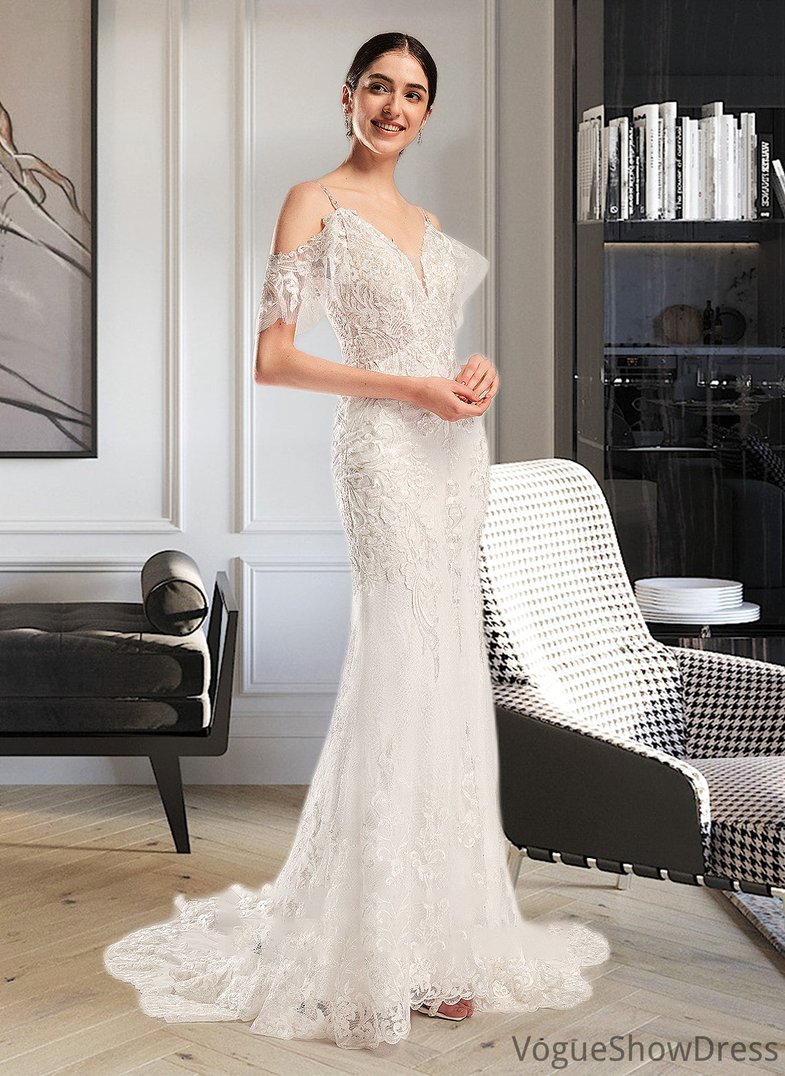 Reina Trumpet/Mermaid V-neck Chapel Train Wedding Dress With Beading Sequins DLP0013802