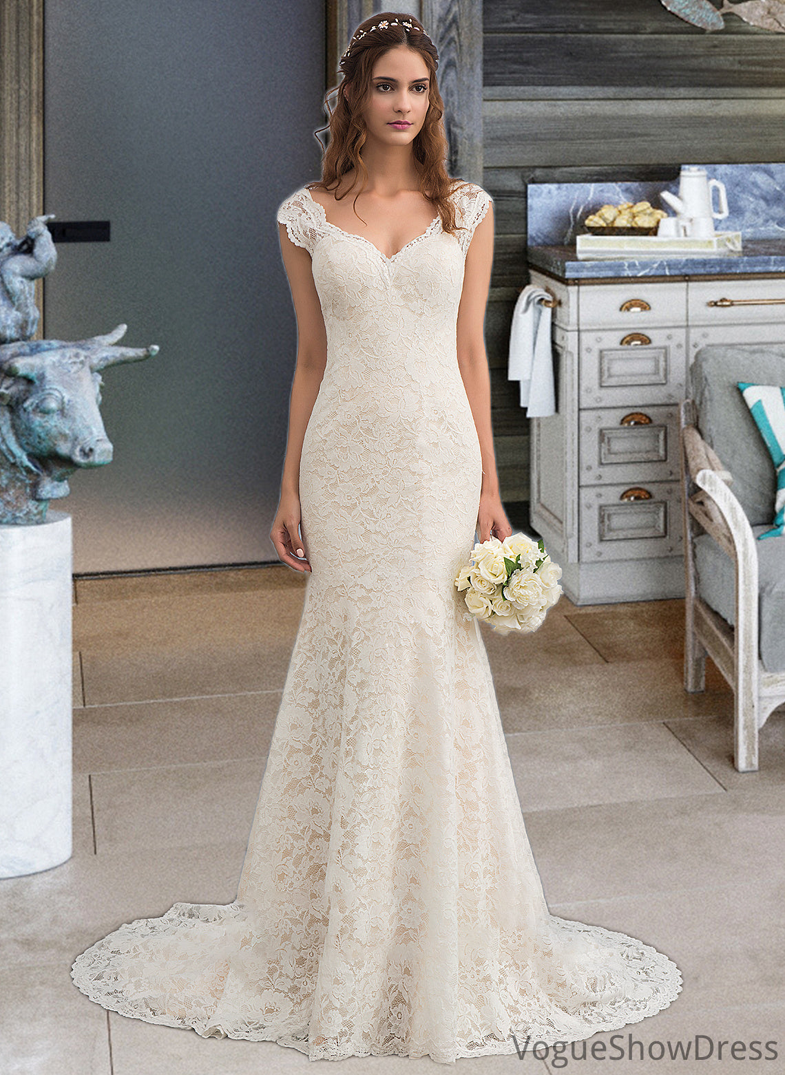 Ciara Trumpet/Mermaid V-neck Court Train Lace Wedding Dress DLP0013804