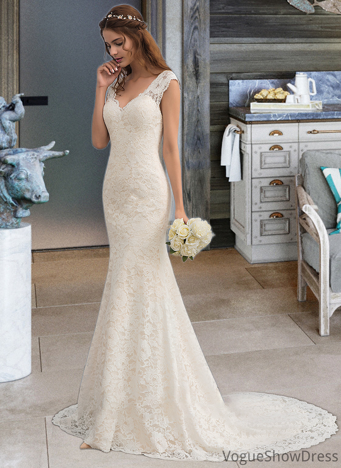 Ciara Trumpet/Mermaid V-neck Court Train Lace Wedding Dress DLP0013804