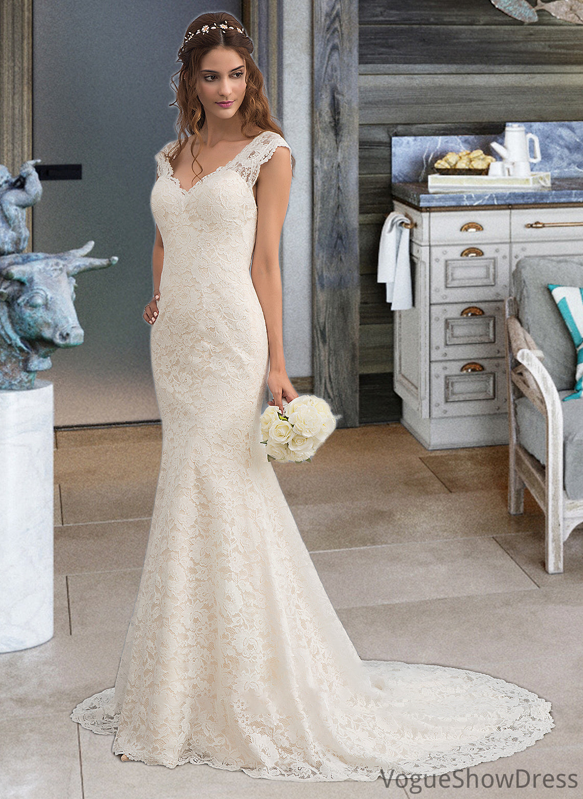 Ciara Trumpet/Mermaid V-neck Court Train Lace Wedding Dress DLP0013804