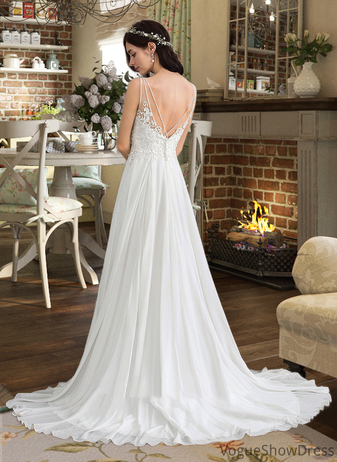 Aryanna A-Line V-neck Sweep Train Chiffon Wedding Dress With Beading Sequins Split Front DLP0013806