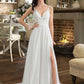 Aryanna A-Line V-neck Sweep Train Chiffon Wedding Dress With Beading Sequins Split Front DLP0013806