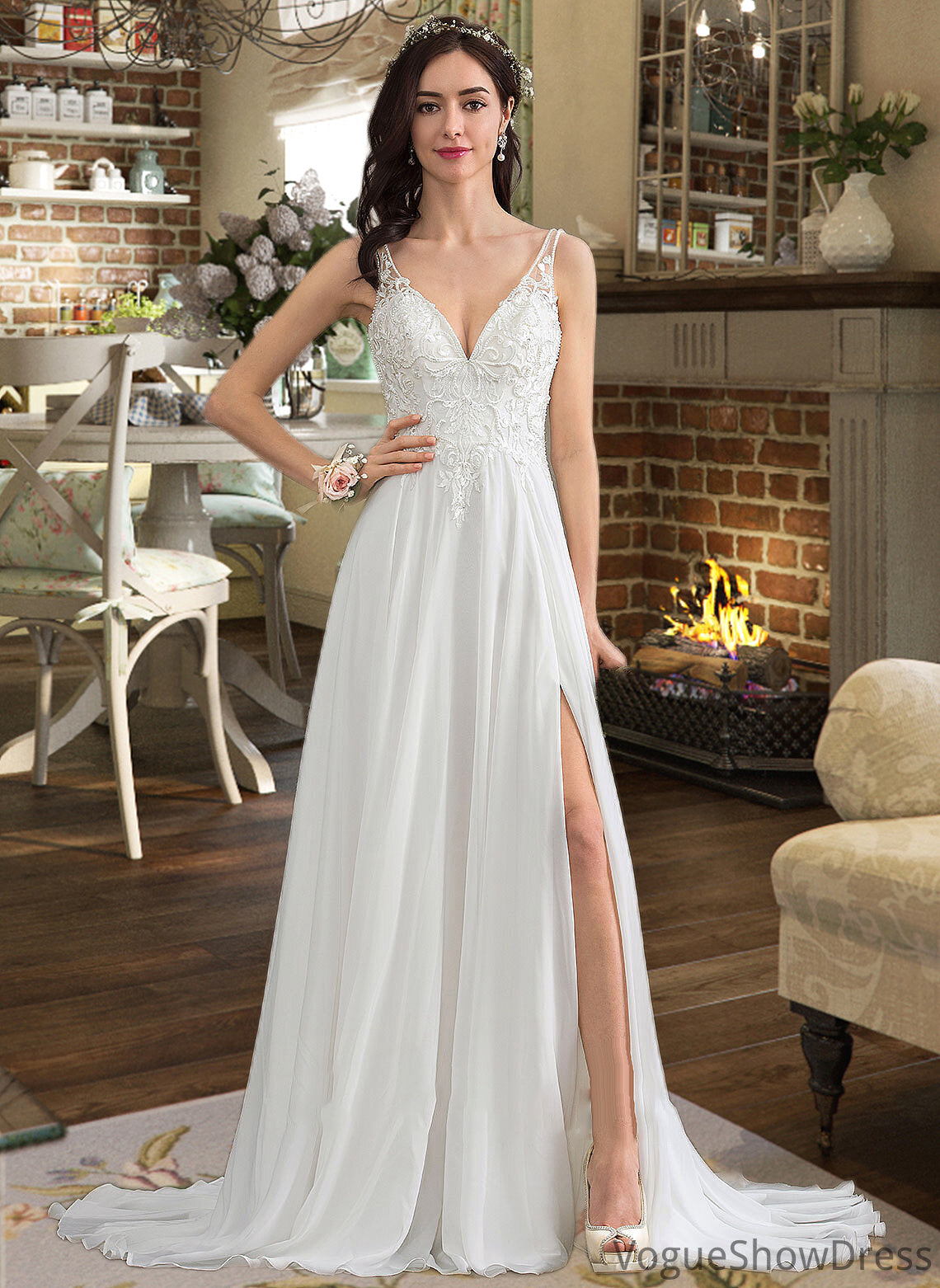 Aryanna A-Line V-neck Sweep Train Chiffon Wedding Dress With Beading Sequins Split Front DLP0013806