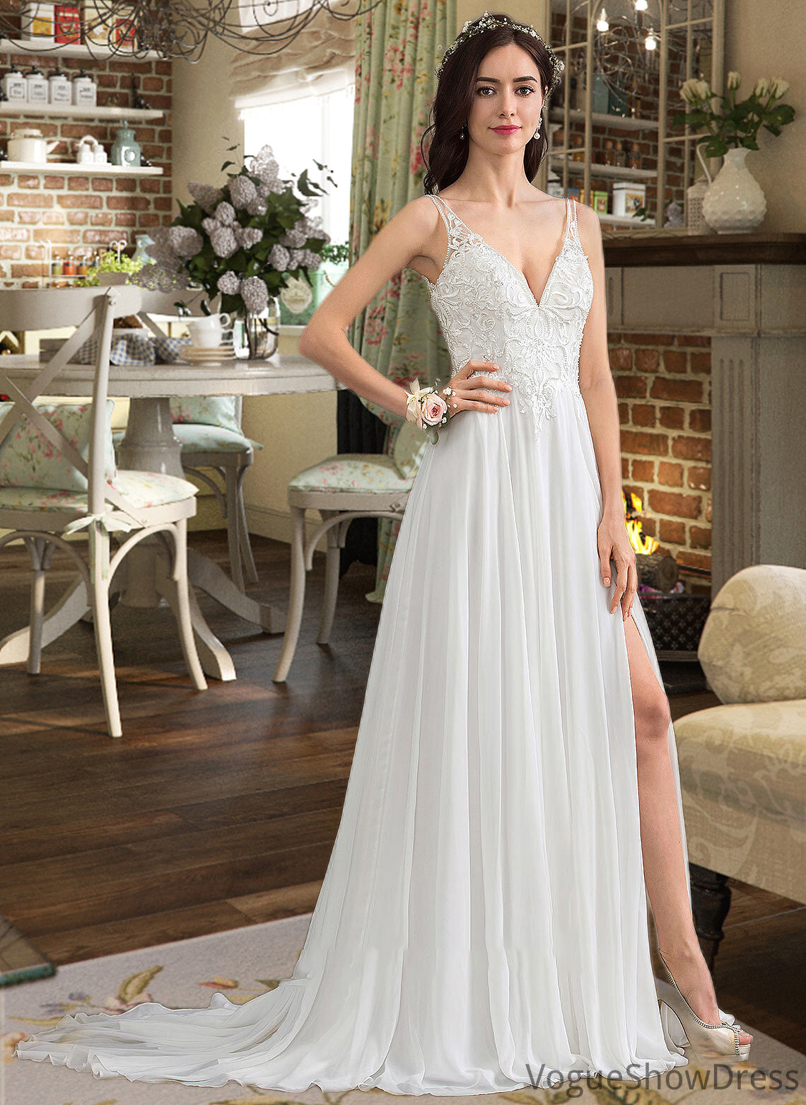 Aryanna A-Line V-neck Sweep Train Chiffon Wedding Dress With Beading Sequins Split Front DLP0013806