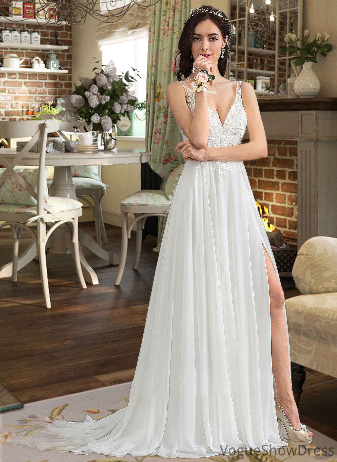 Aryanna A-Line V-neck Sweep Train Chiffon Wedding Dress With Beading Sequins Split Front DLP0013806