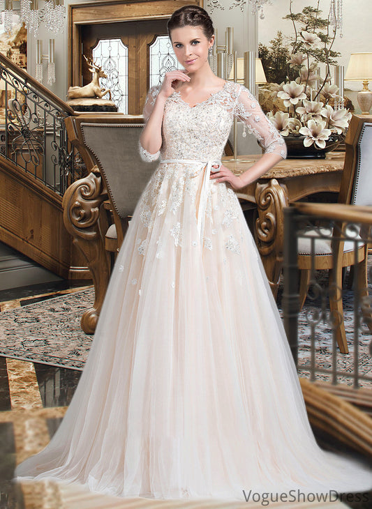 Cali Ball-Gown/Princess V-neck Court Train Tulle Wedding Dress With Beading Appliques Lace Sequins Bow(s) DLP0013809