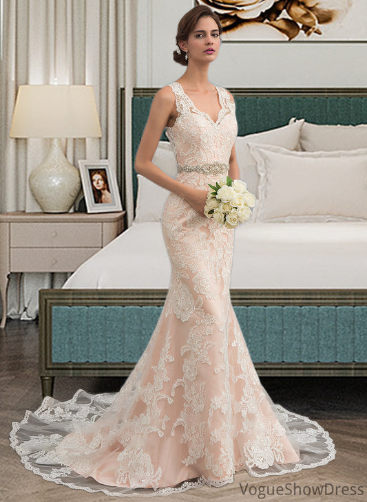 Kassandra Trumpet/Mermaid V-neck Chapel Train Tulle Lace Wedding Dress With Beading DLP0013810