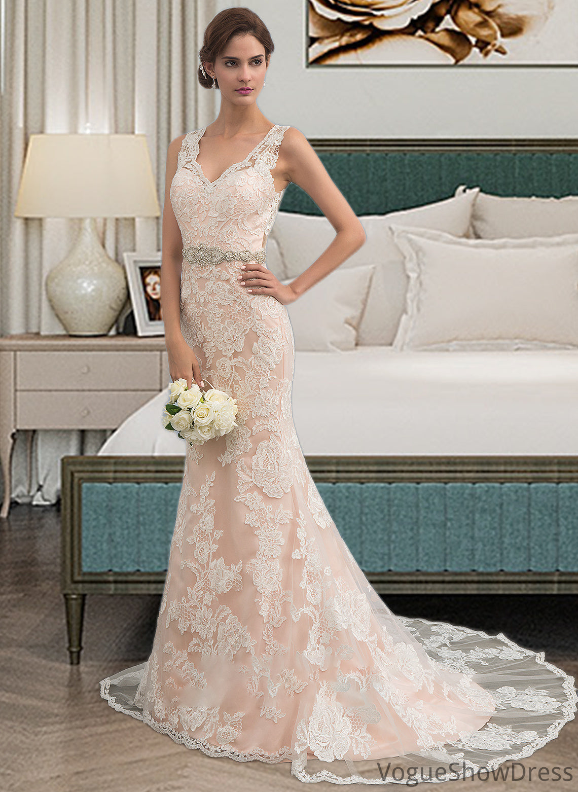 Kassandra Trumpet/Mermaid V-neck Chapel Train Tulle Lace Wedding Dress With Beading DLP0013810