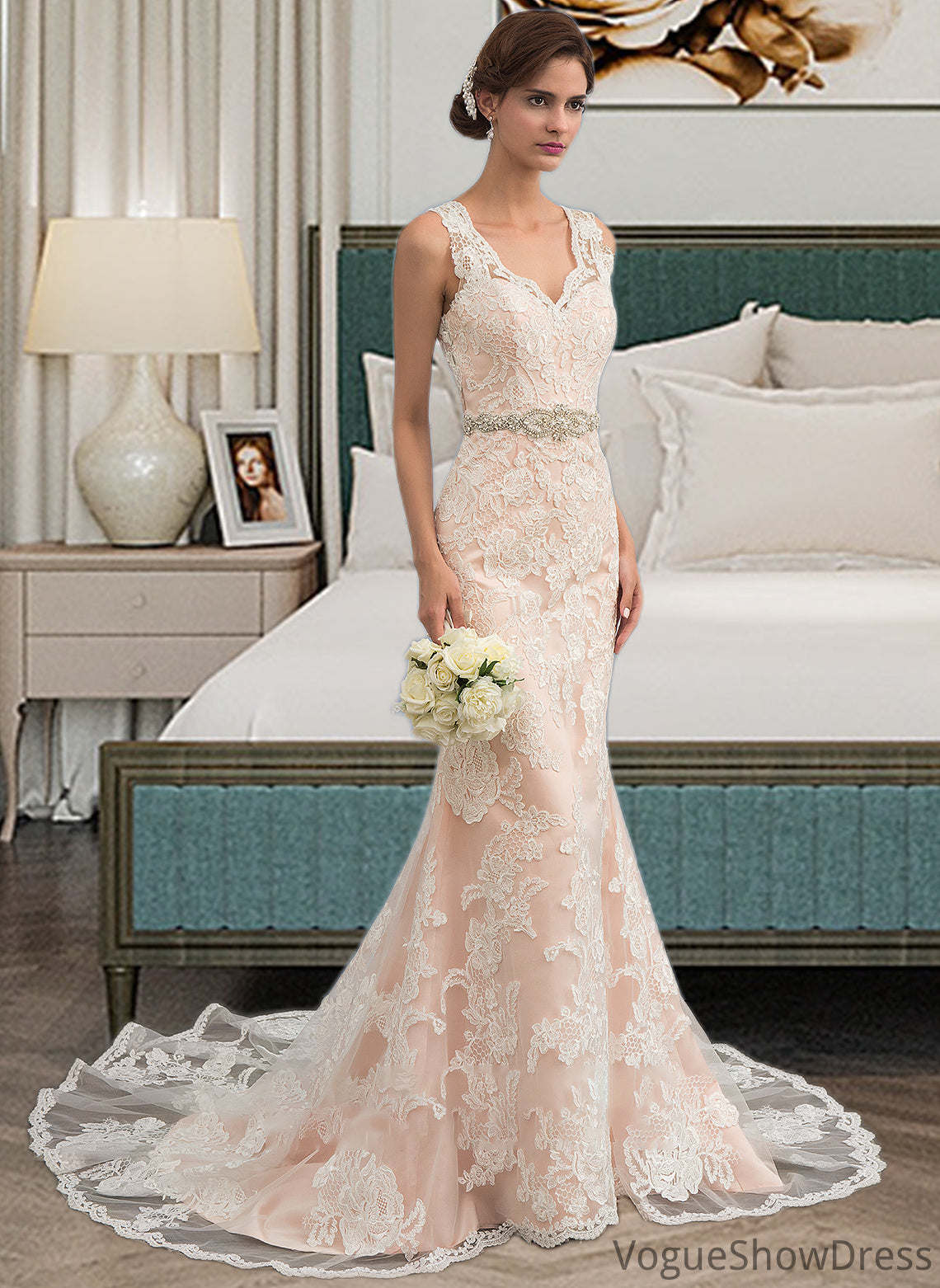 Kassandra Trumpet/Mermaid V-neck Chapel Train Tulle Lace Wedding Dress With Beading DLP0013810