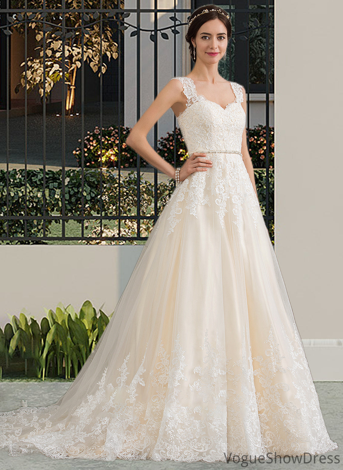 Haleigh Ball-Gown/Princess Sweetheart Court Train Tulle Wedding Dress With Beading Sequins DLP0013813