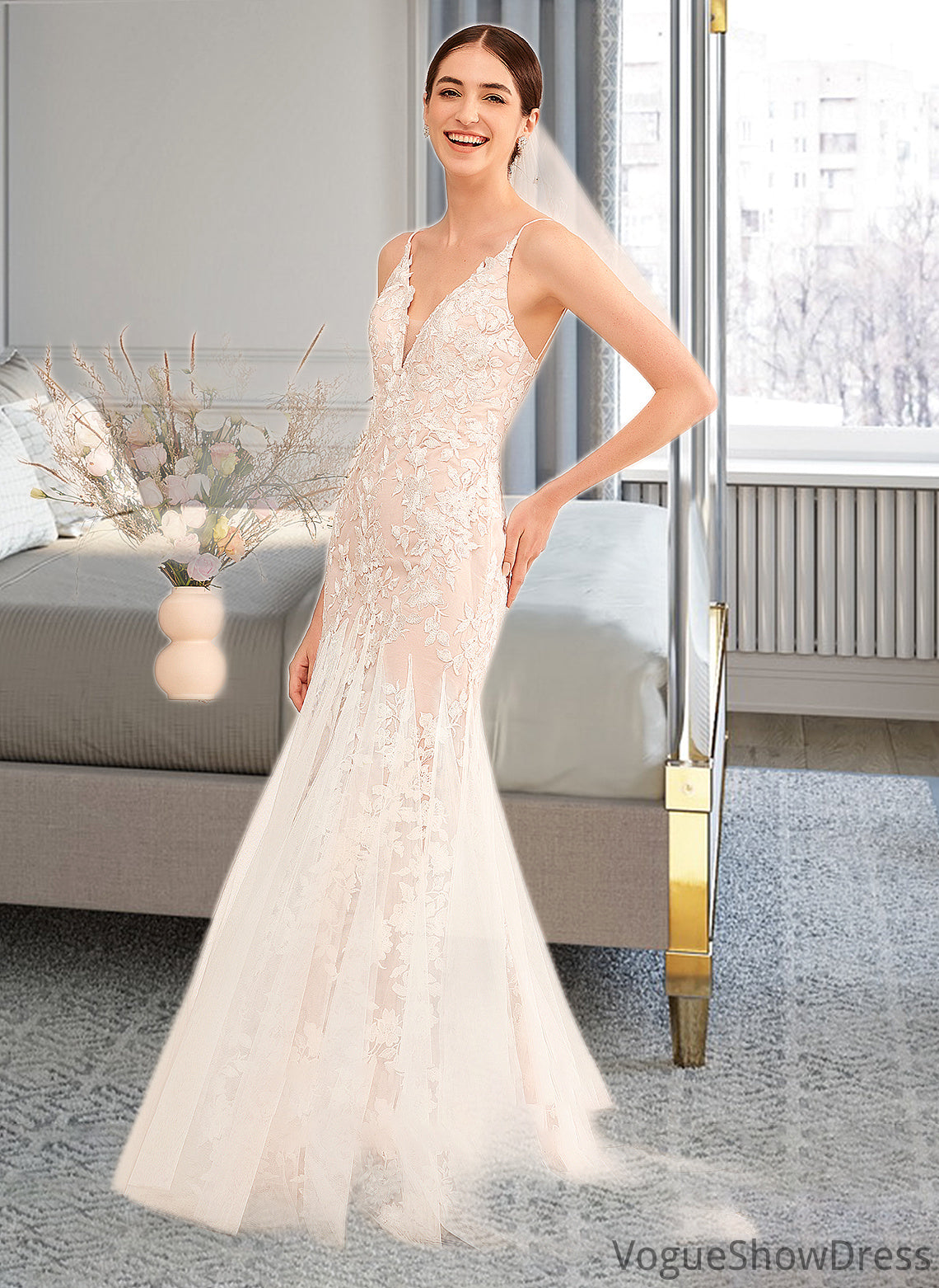 Kim Trumpet/Mermaid V-neck Court Train Wedding Dress With Lace DLP0013814