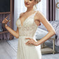 Kira A-Line V-neck Floor-Length Wedding Dress With Lace Split Front DLP0013815