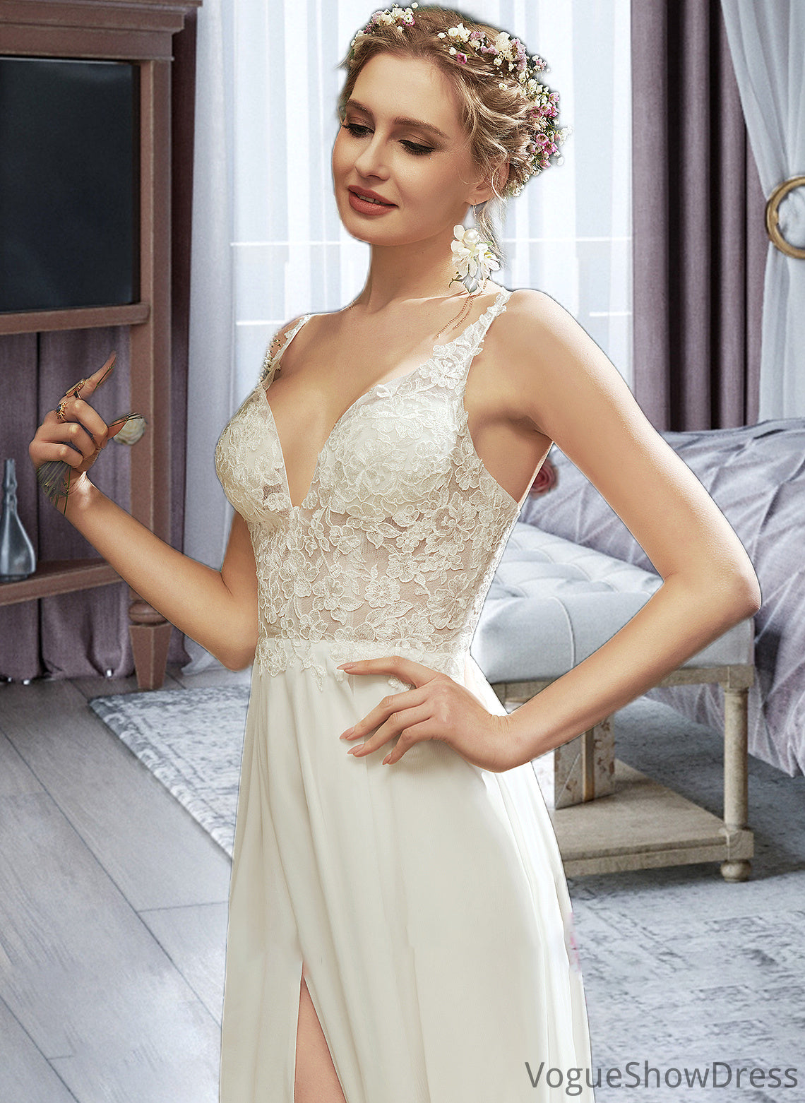 Kira A-Line V-neck Floor-Length Wedding Dress With Lace Split Front DLP0013815