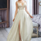 Kira A-Line V-neck Floor-Length Wedding Dress With Lace Split Front DLP0013815