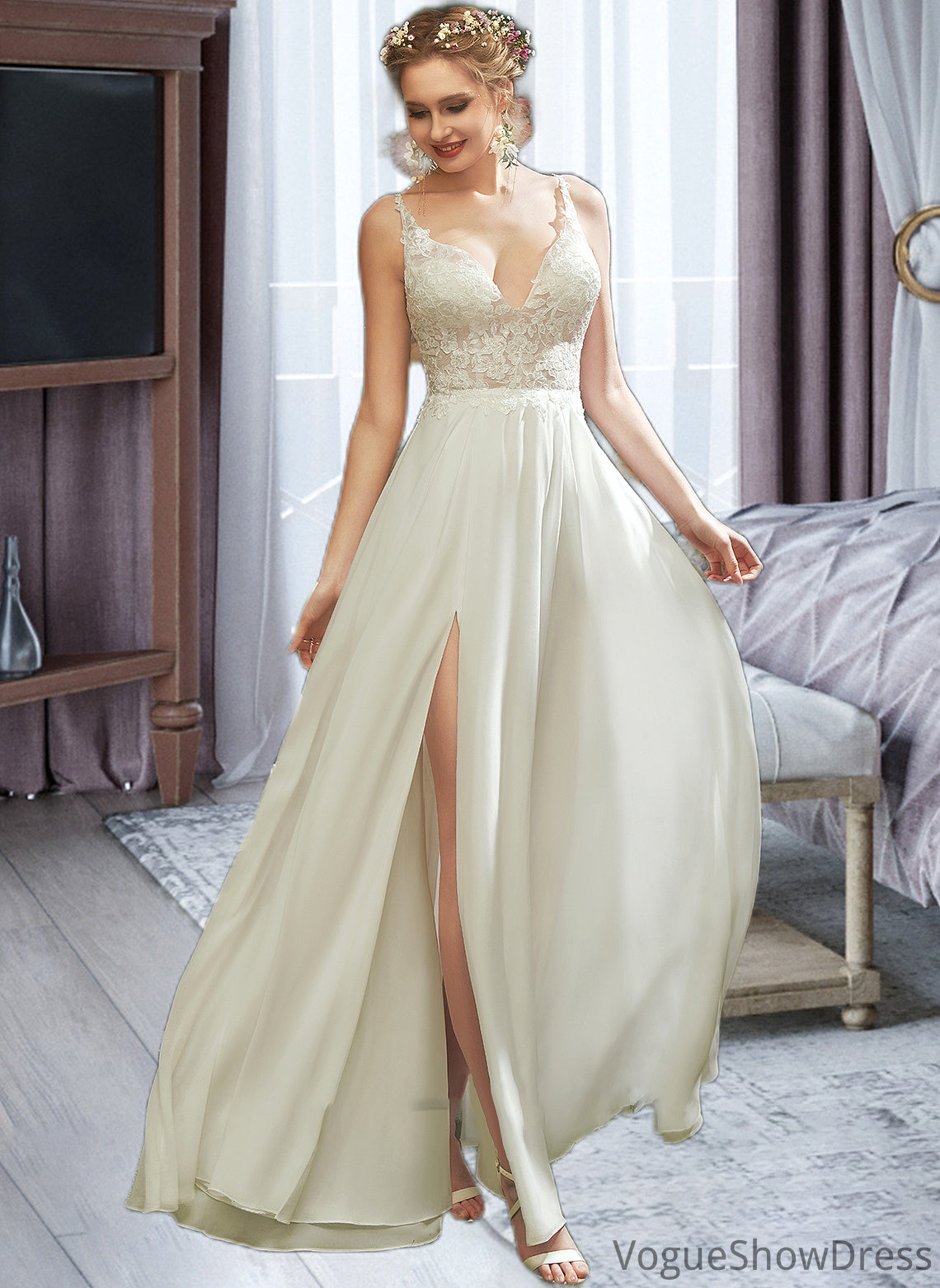 Kira A-Line V-neck Floor-Length Wedding Dress With Lace Split Front DLP0013815