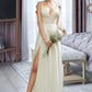 Kira A-Line V-neck Floor-Length Wedding Dress With Lace Split Front DLP0013815