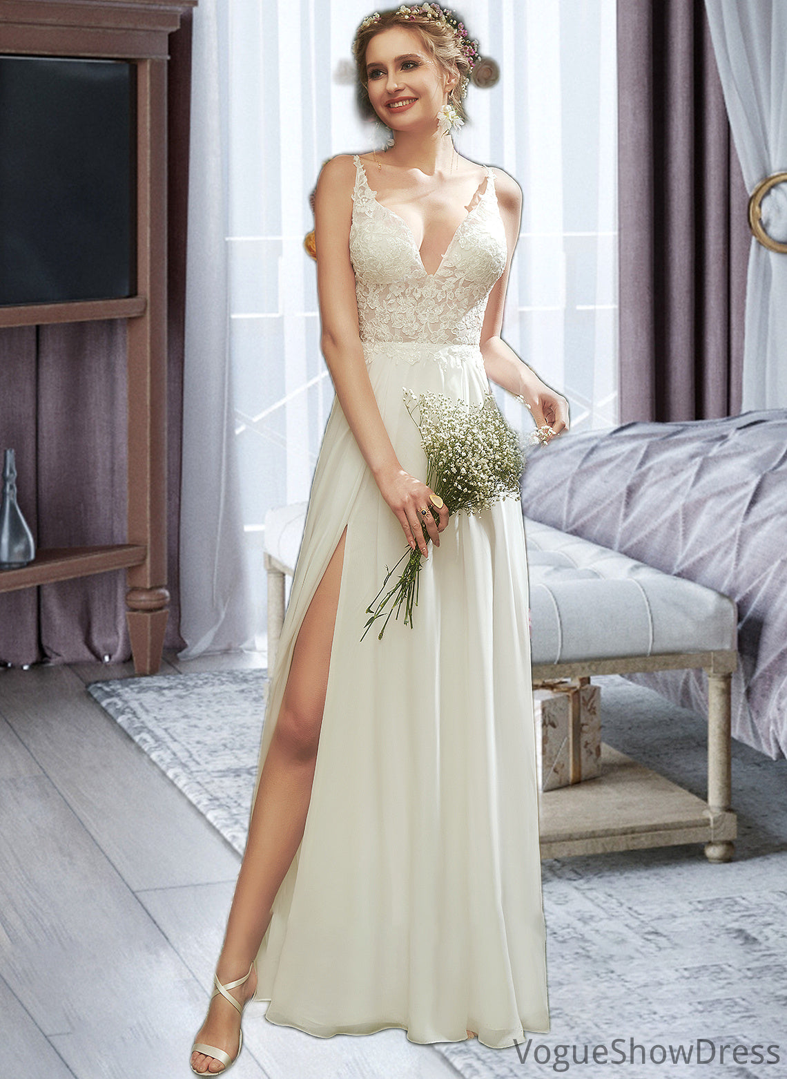 Kira A-Line V-neck Floor-Length Wedding Dress With Lace Split Front DLP0013815