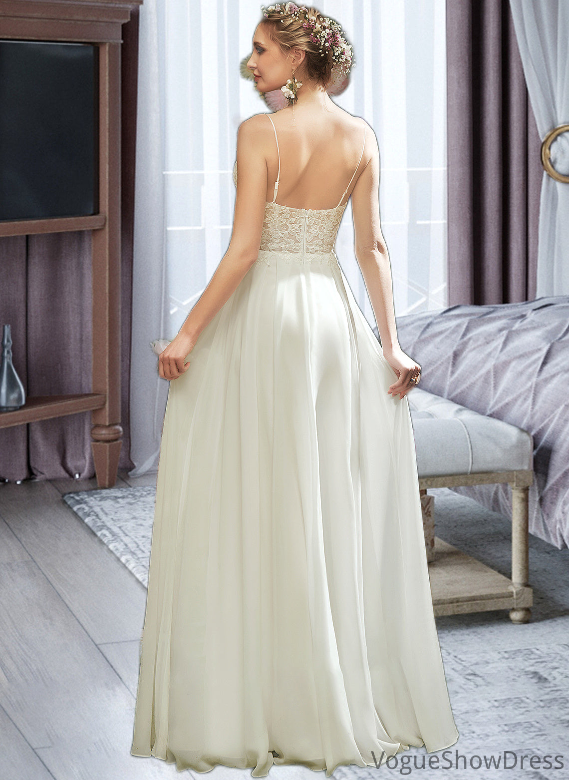 Kira A-Line V-neck Floor-Length Wedding Dress With Lace Split Front DLP0013815