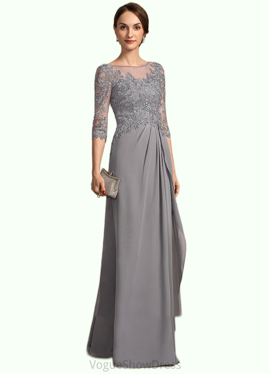 Avah A-Line Scoop Neck Floor-Length Chiffon Lace Mother of the Bride Dress With Beading Sequins Cascading Ruffles DL126P0014529