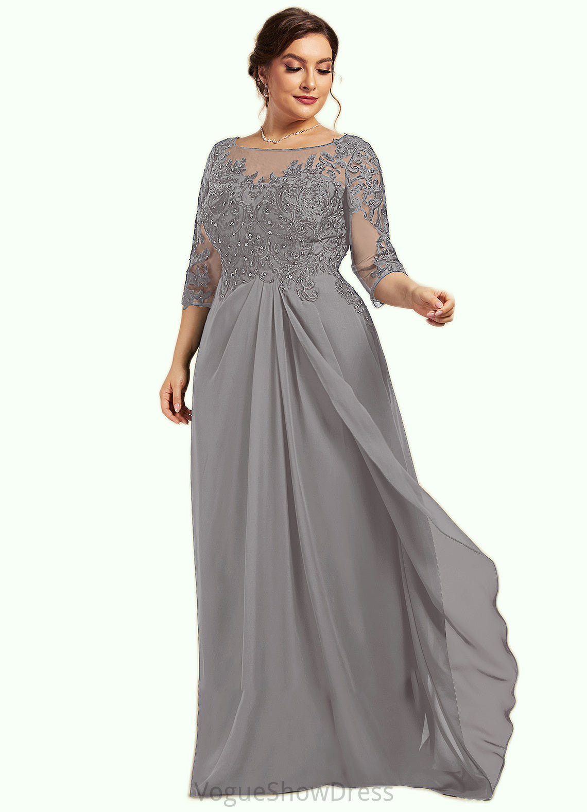 Avah A-Line Scoop Neck Floor-Length Chiffon Lace Mother of the Bride Dress With Beading Sequins Cascading Ruffles DL126P0014529