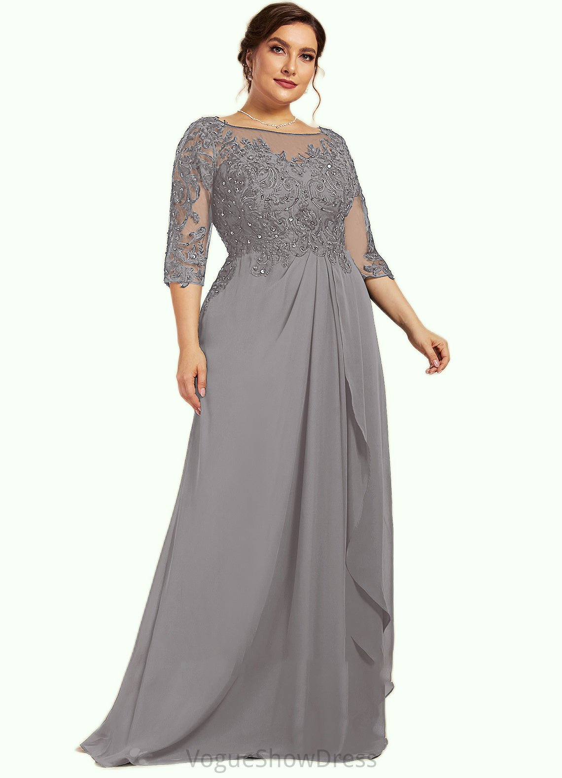 Avah A-Line Scoop Neck Floor-Length Chiffon Lace Mother of the Bride Dress With Beading Sequins Cascading Ruffles DL126P0014529