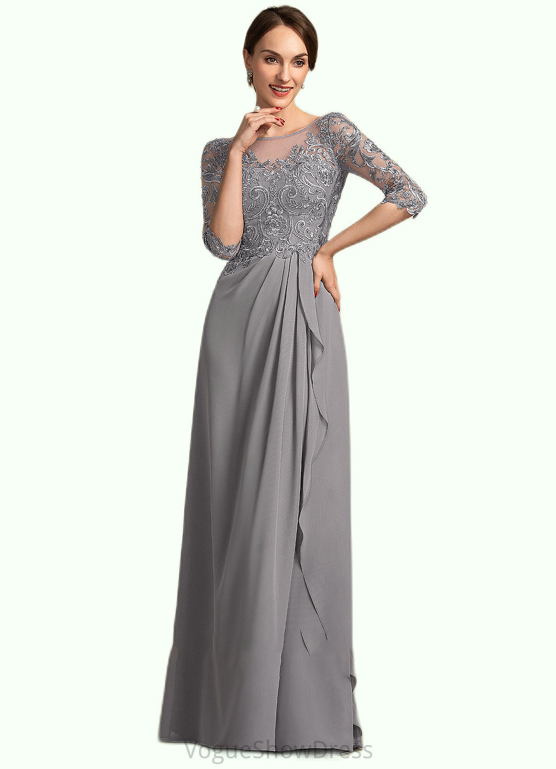 Avah A-Line Scoop Neck Floor-Length Chiffon Lace Mother of the Bride Dress With Beading Sequins Cascading Ruffles DL126P0014529