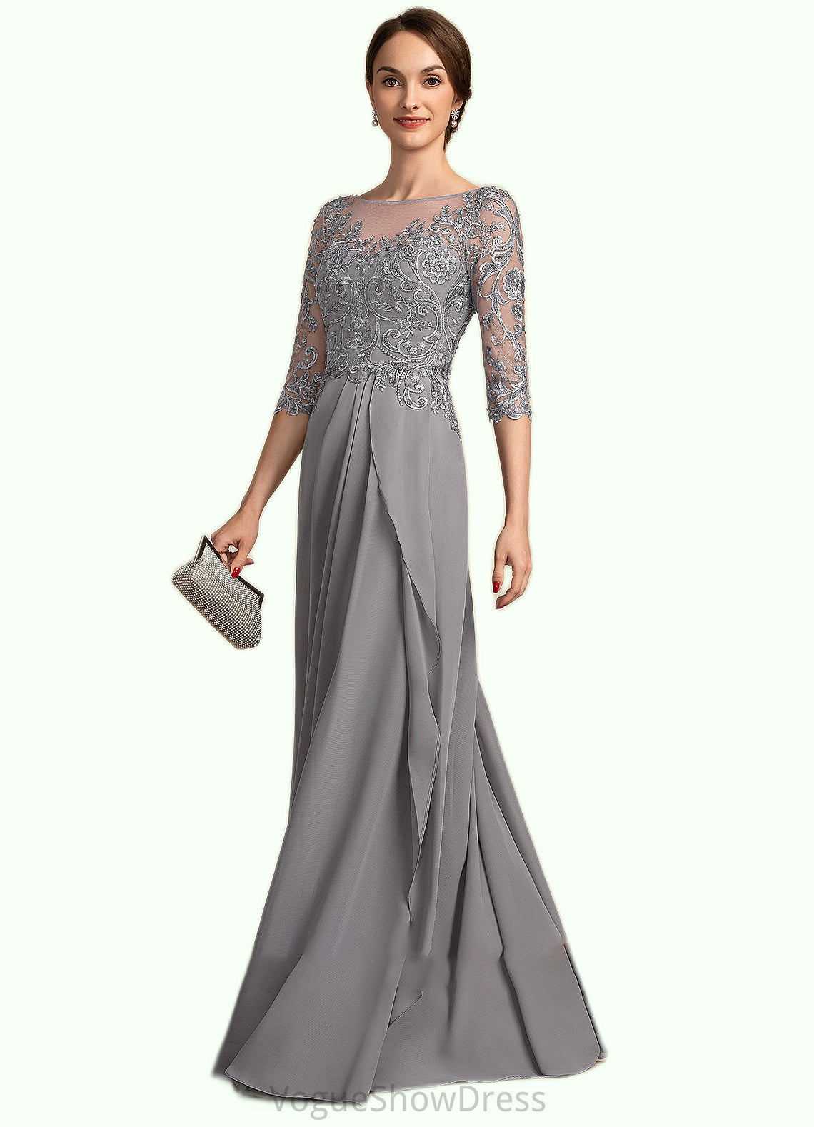 Avah A-Line Scoop Neck Floor-Length Chiffon Lace Mother of the Bride Dress With Beading Sequins Cascading Ruffles DL126P0014529