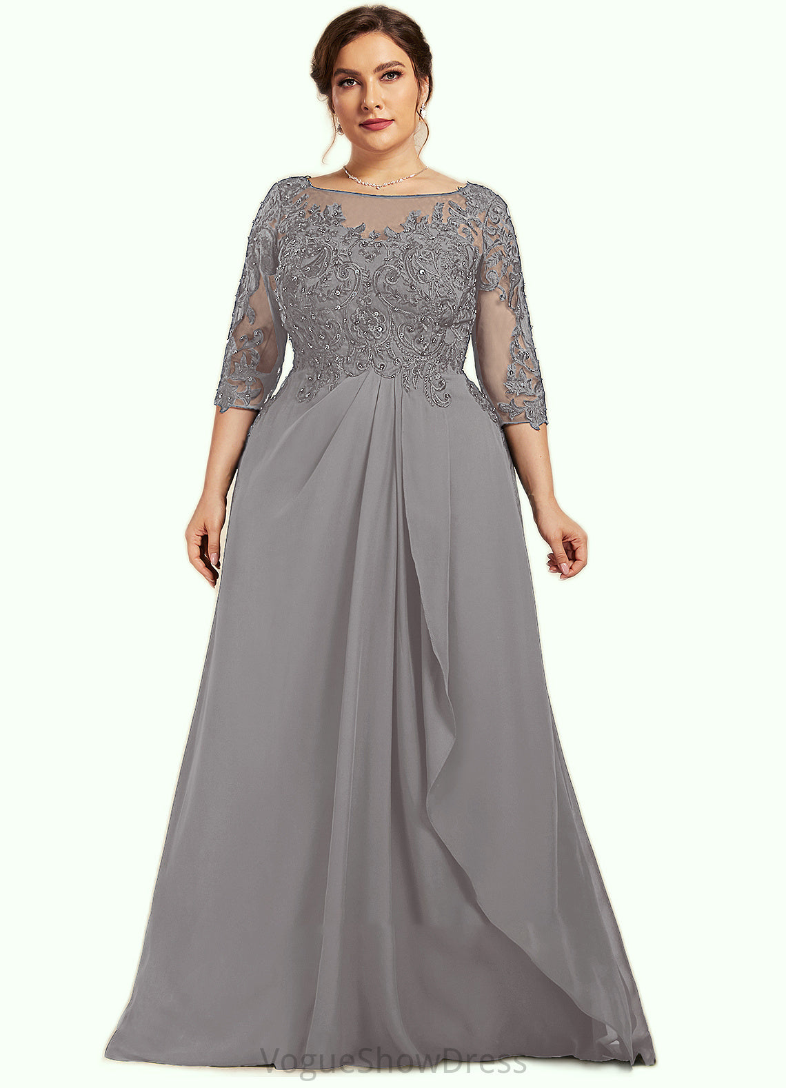 Avah A-Line Scoop Neck Floor-Length Chiffon Lace Mother of the Bride Dress With Beading Sequins Cascading Ruffles DL126P0014529