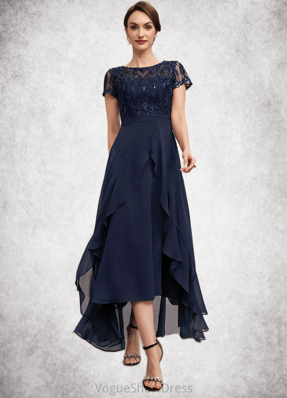 Seraphina A-Line Scoop Neck Asymmetrical Chiffon Lace Mother of the Bride Dress With Sequins Bow(s) Cascading Ruffles DL126P0014530