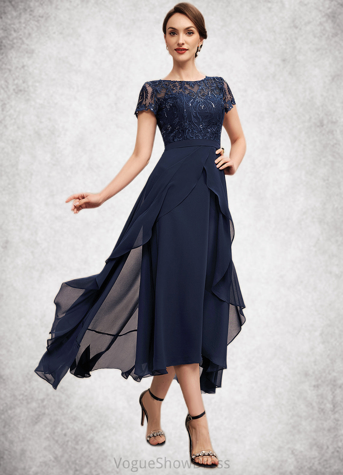 Seraphina A-Line Scoop Neck Asymmetrical Chiffon Lace Mother of the Bride Dress With Sequins Bow(s) Cascading Ruffles DL126P0014530