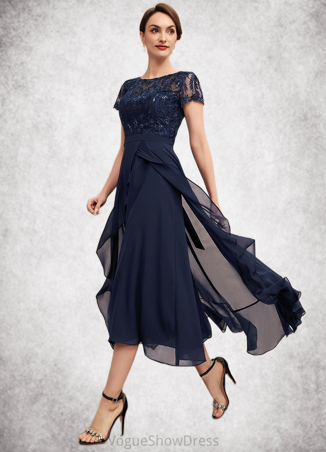 Seraphina A-Line Scoop Neck Asymmetrical Chiffon Lace Mother of the Bride Dress With Sequins Bow(s) Cascading Ruffles DL126P0014530