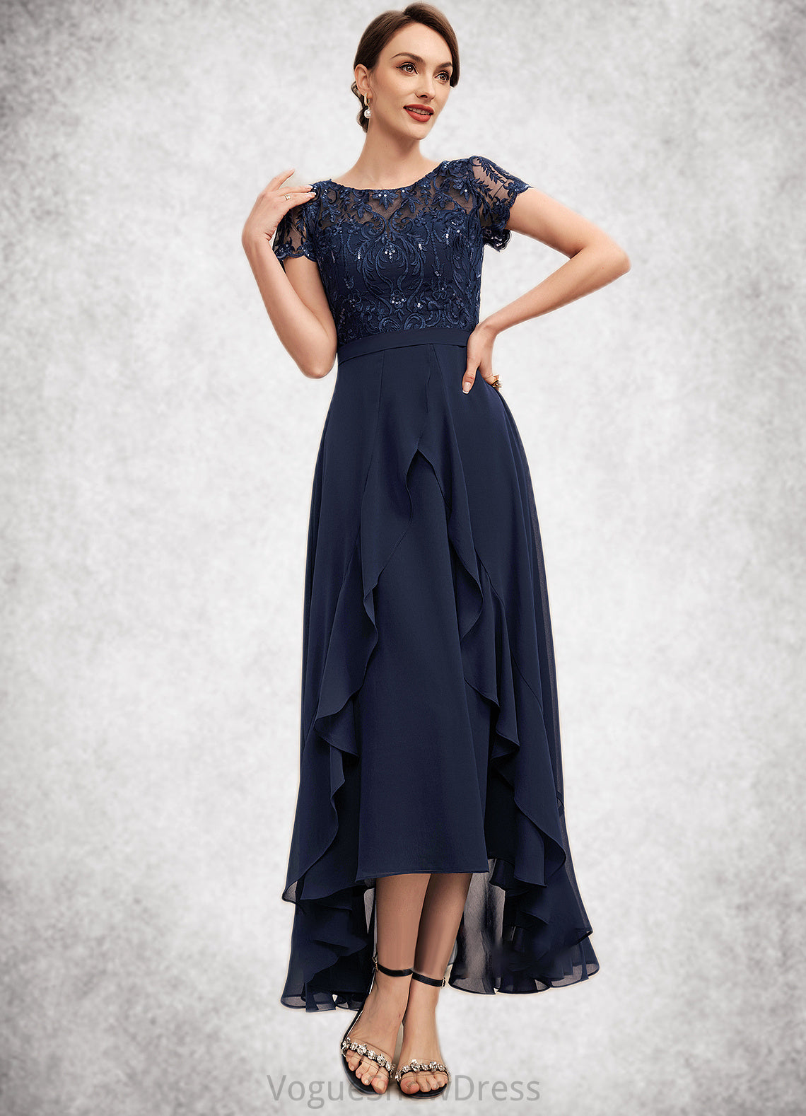 Seraphina A-Line Scoop Neck Asymmetrical Chiffon Lace Mother of the Bride Dress With Sequins Bow(s) Cascading Ruffles DL126P0014530