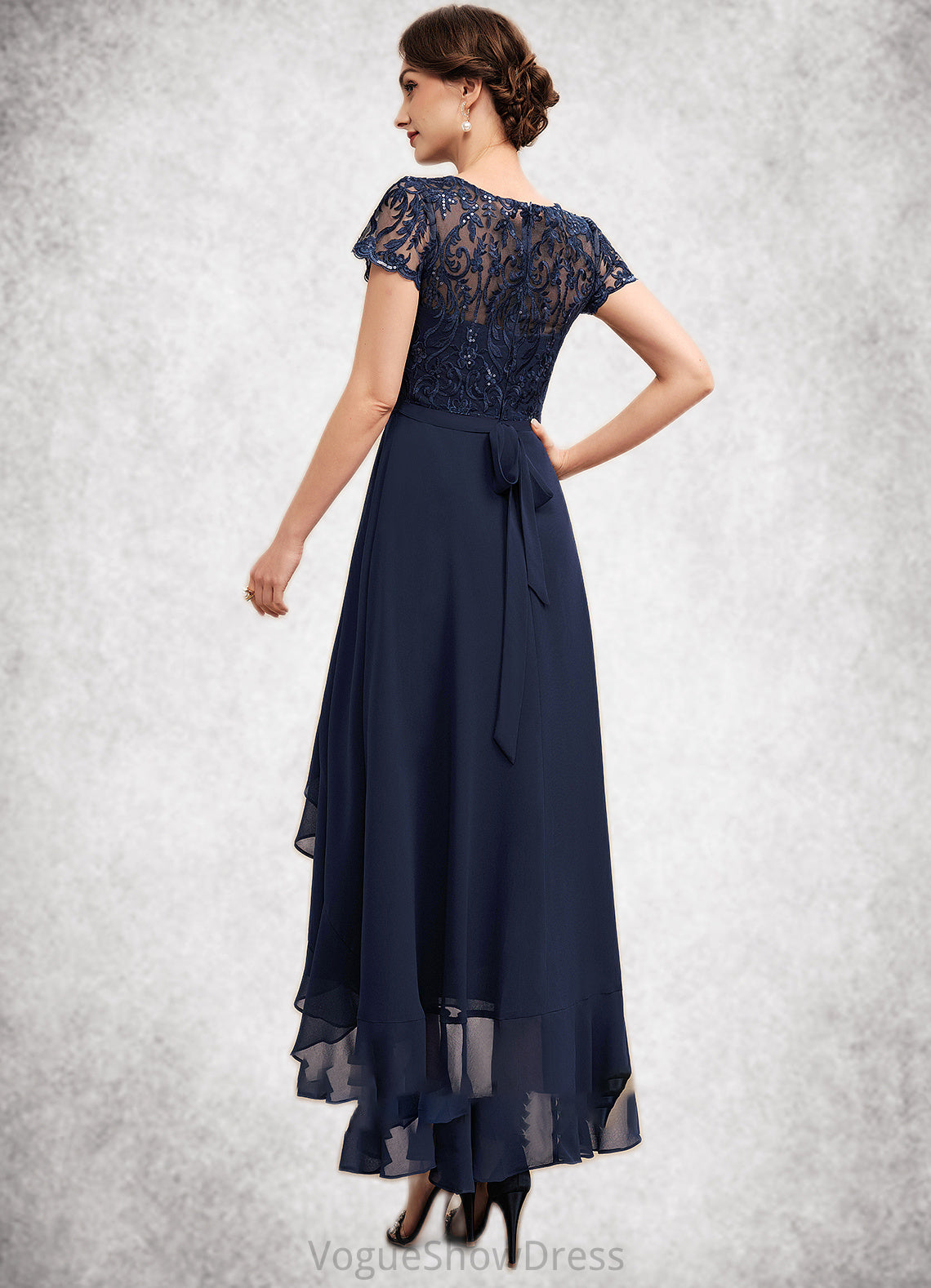 Seraphina A-Line Scoop Neck Asymmetrical Chiffon Lace Mother of the Bride Dress With Sequins Bow(s) Cascading Ruffles DL126P0014530