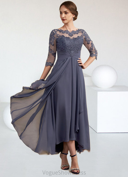 Brittany A-Line Scoop Neck Asymmetrical Chiffon Lace Mother of the Bride Dress With Ruffle DL126P0014531