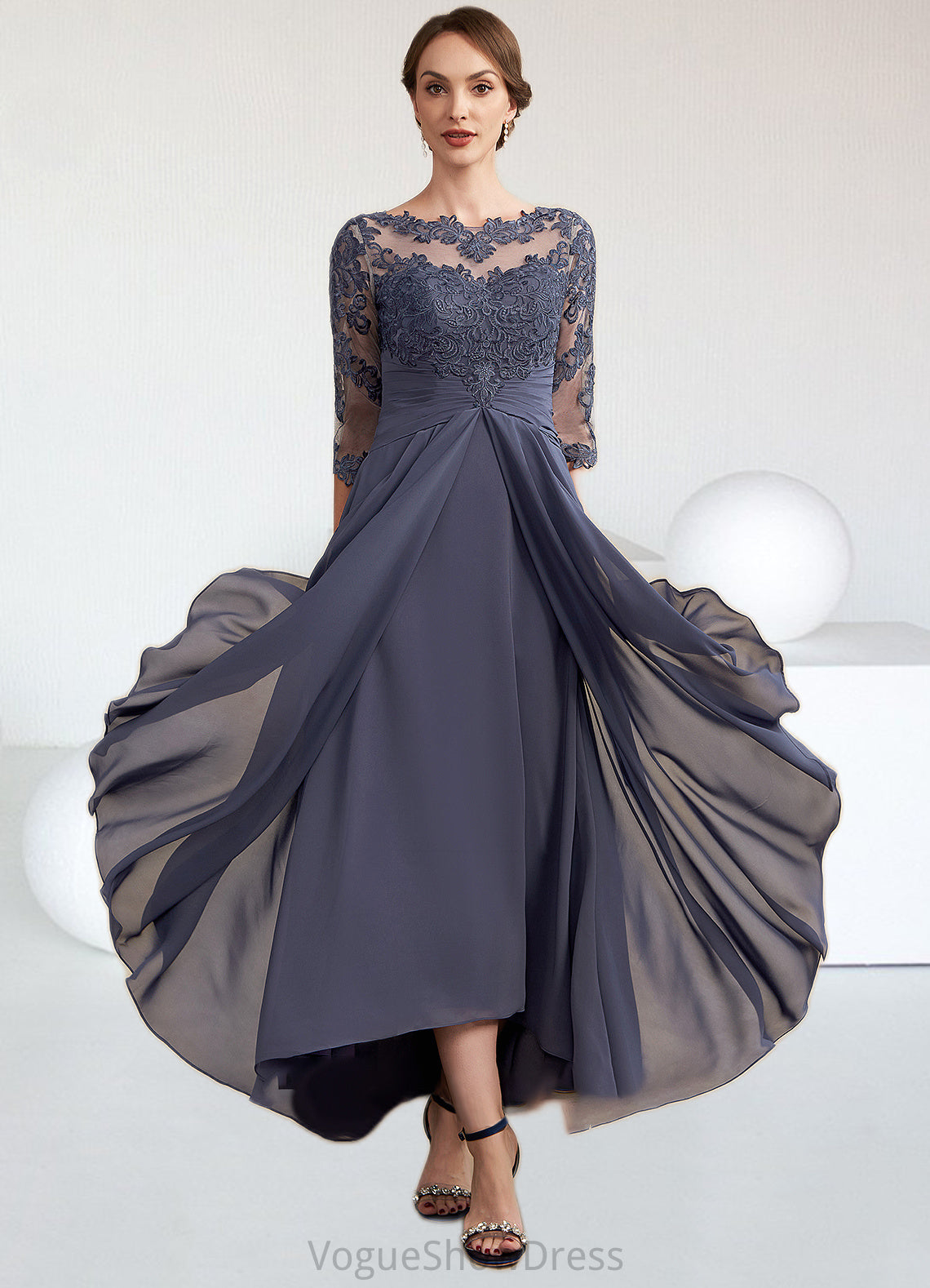 Brittany A-Line Scoop Neck Asymmetrical Chiffon Lace Mother of the Bride Dress With Ruffle DL126P0014531