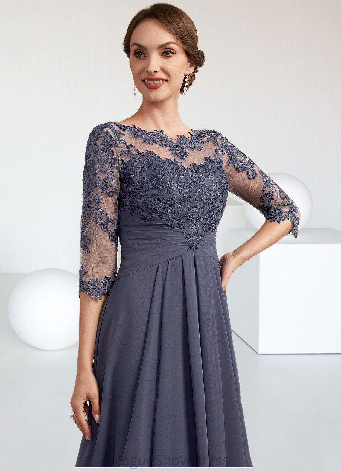 Brittany A-Line Scoop Neck Asymmetrical Chiffon Lace Mother of the Bride Dress With Ruffle DL126P0014531