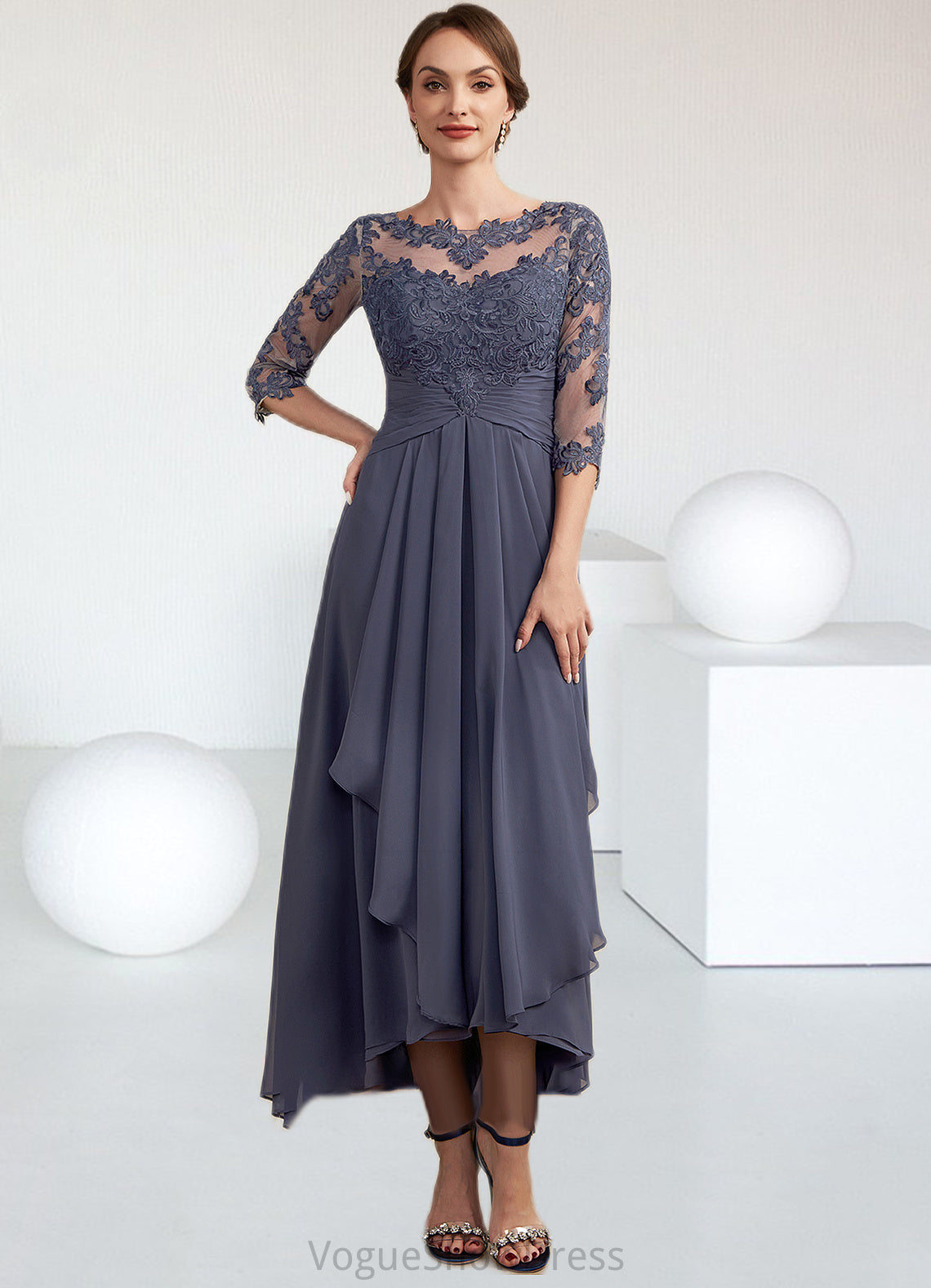 Brittany A-Line Scoop Neck Asymmetrical Chiffon Lace Mother of the Bride Dress With Ruffle DL126P0014531