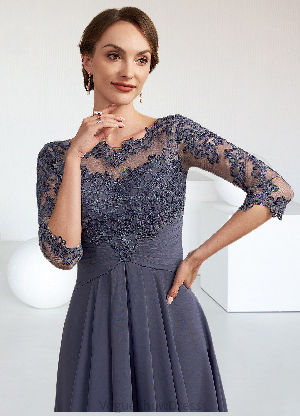 Brittany A-Line Scoop Neck Asymmetrical Chiffon Lace Mother of the Bride Dress With Ruffle DL126P0014531