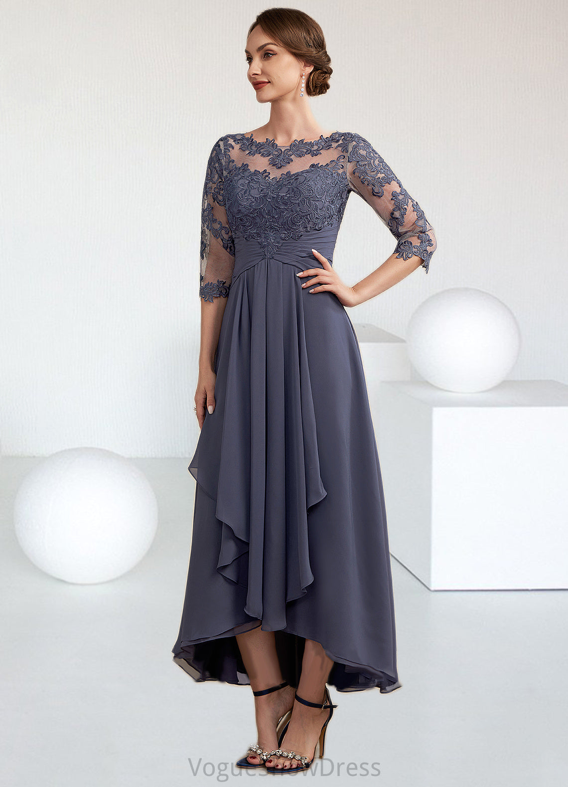 Brittany A-Line Scoop Neck Asymmetrical Chiffon Lace Mother of the Bride Dress With Ruffle DL126P0014531