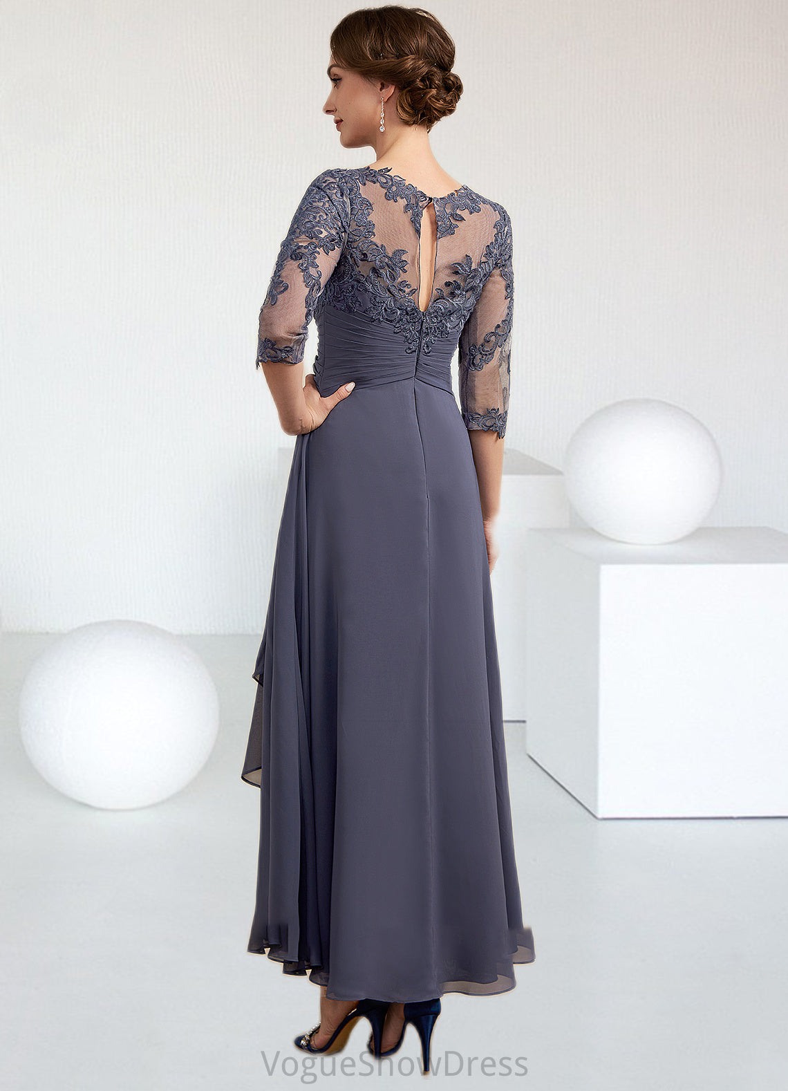 Brittany A-Line Scoop Neck Asymmetrical Chiffon Lace Mother of the Bride Dress With Ruffle DL126P0014531