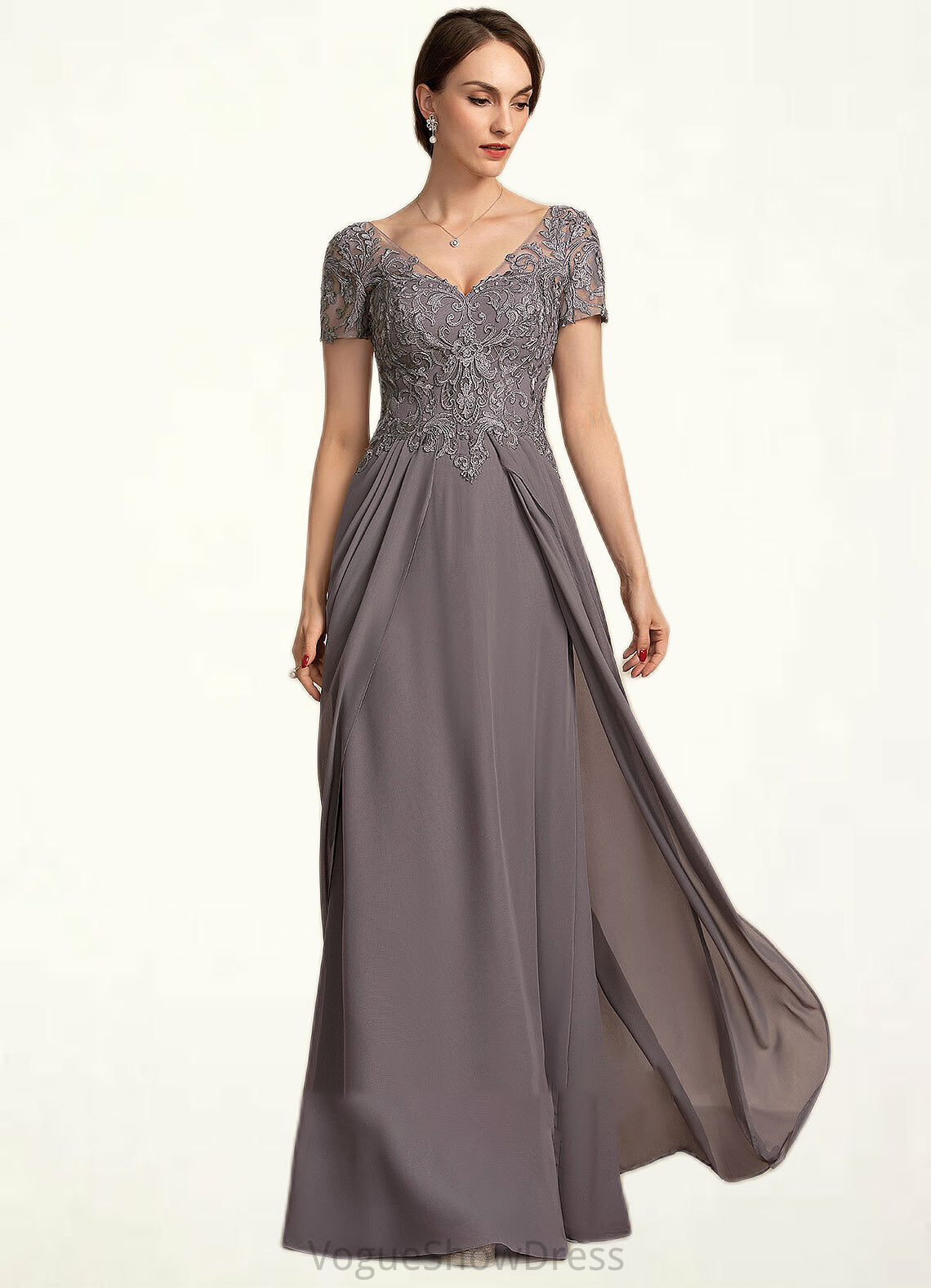 Clara A-line V-Neck Floor-Length Chiffon Lace Mother of the Bride Dress DL126P0014532