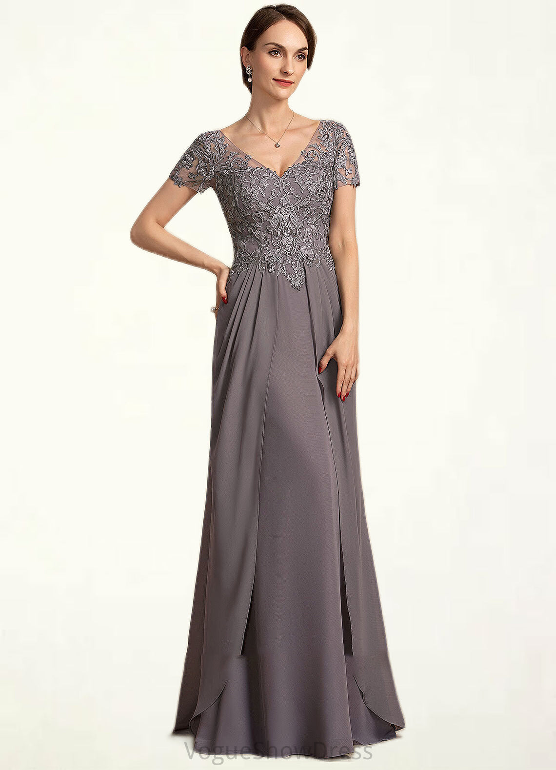 Clara A-line V-Neck Floor-Length Chiffon Lace Mother of the Bride Dress DL126P0014532