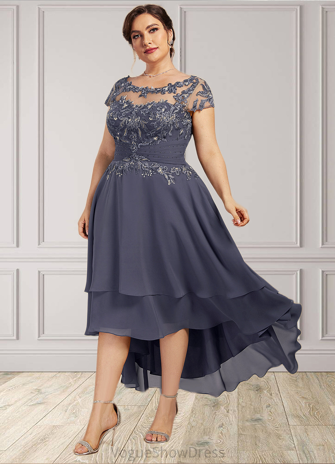 Natasha A-Line Scoop Neck Asymmetrical Chiffon Lace Mother of the Bride Dress With Beading DL126P0014534