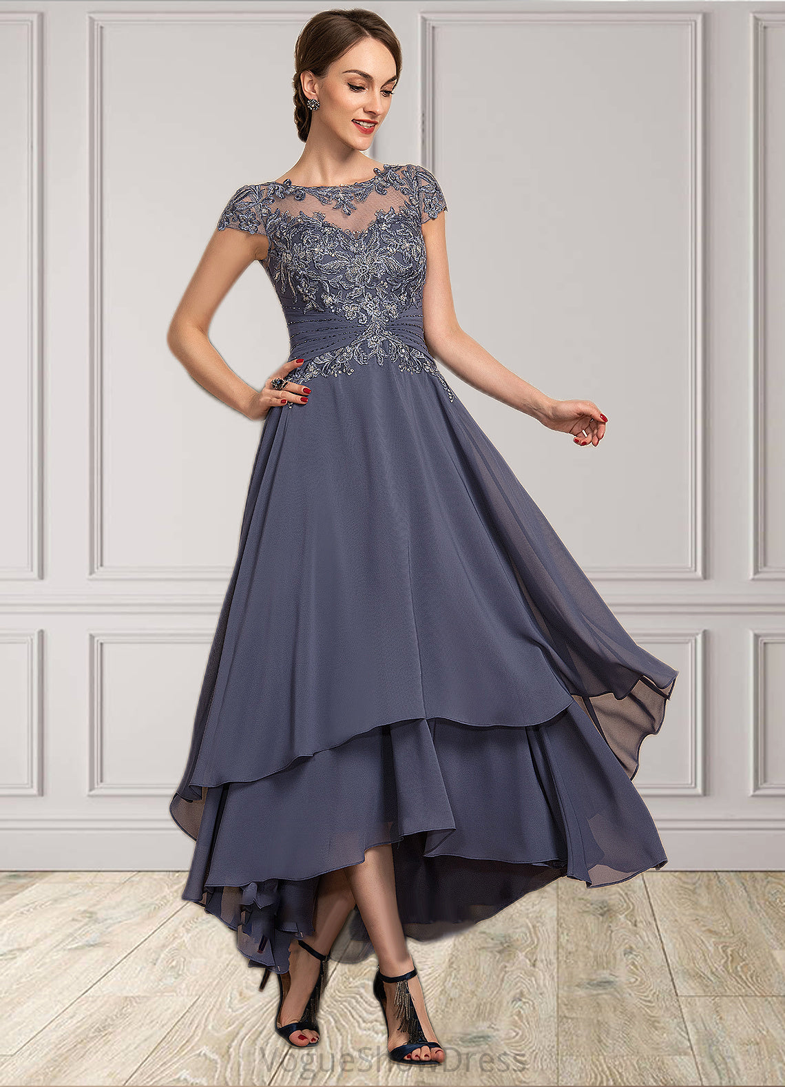 Natasha A-Line Scoop Neck Asymmetrical Chiffon Lace Mother of the Bride Dress With Beading DL126P0014534