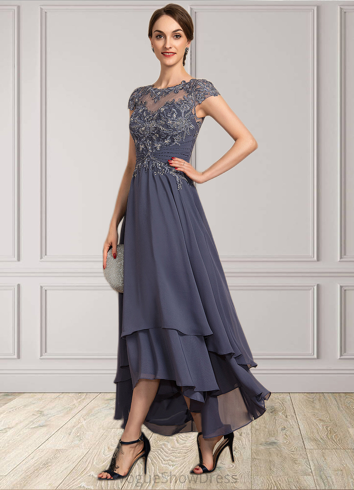 Natasha A-Line Scoop Neck Asymmetrical Chiffon Lace Mother of the Bride Dress With Beading DL126P0014534