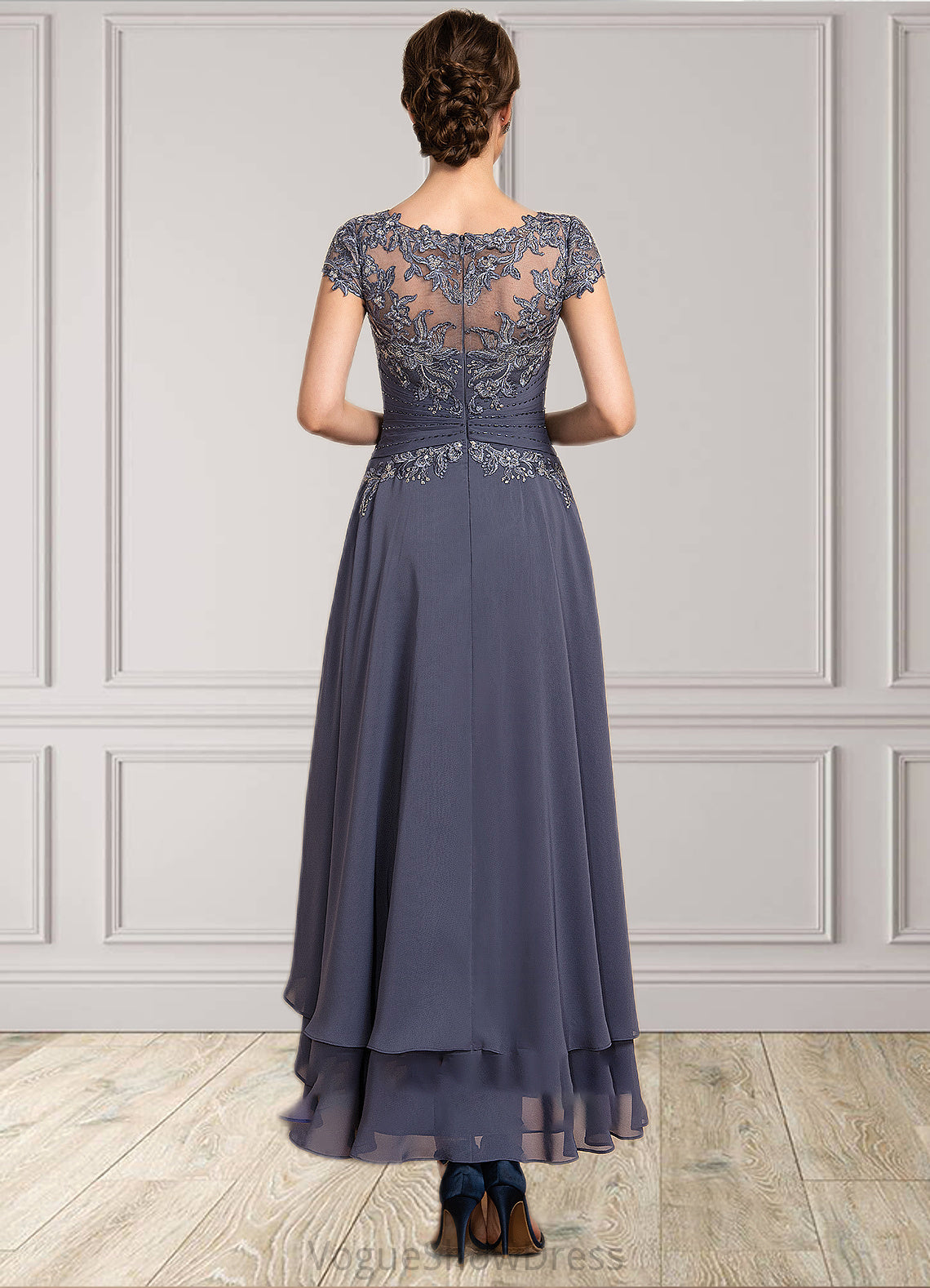 Natasha A-Line Scoop Neck Asymmetrical Chiffon Lace Mother of the Bride Dress With Beading DL126P0014534